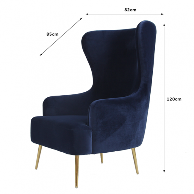 Gepolsterter einzelner Blue Velvet-Lehnsessel mit dem Metallbein 0