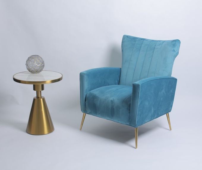 Moderner Blue Velvet-Lehnsessel mit den Edelstahl-Beinen 0